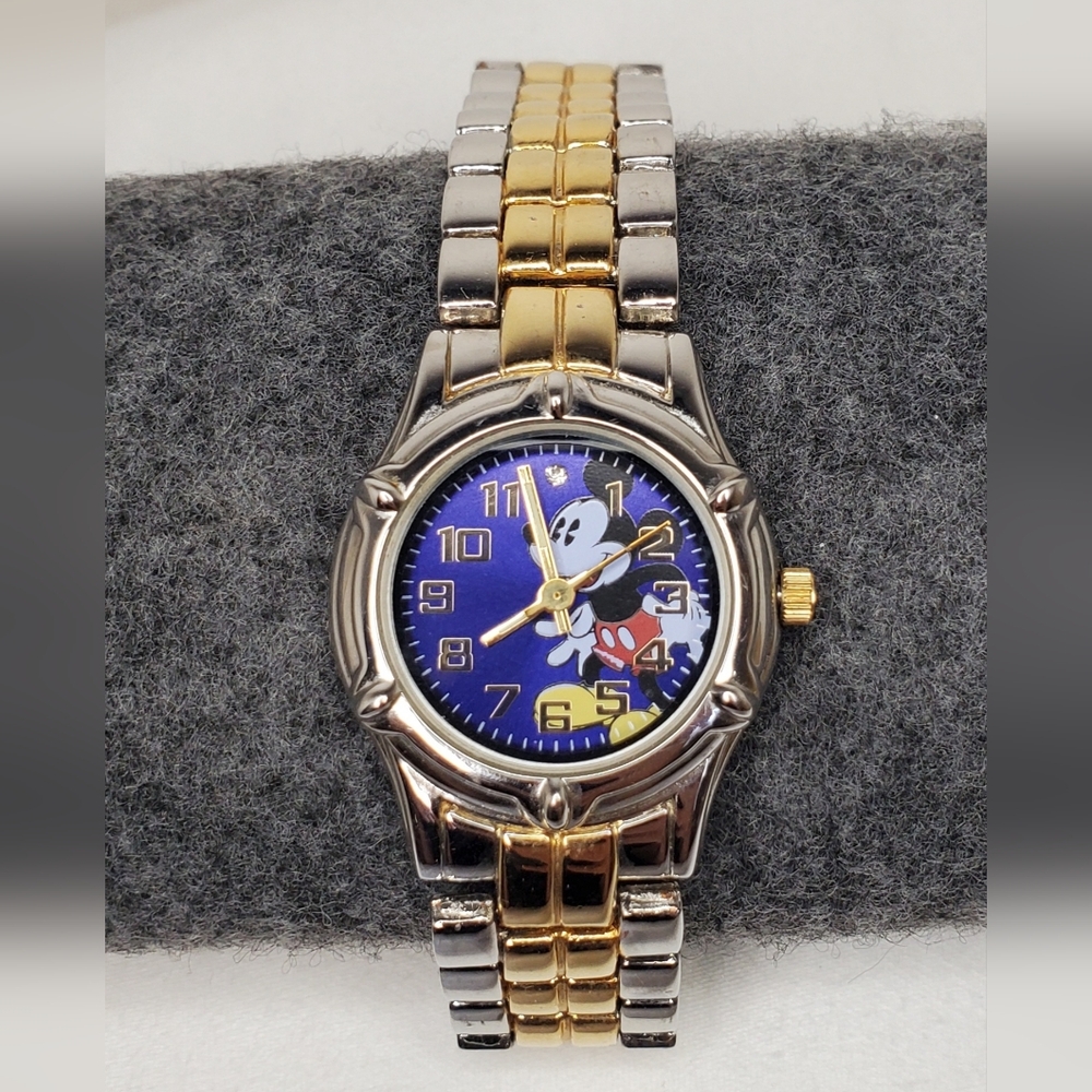 Mickey Mouse Blue Face Watch Disney Two-Tone Stainless Band Wristwatch Working